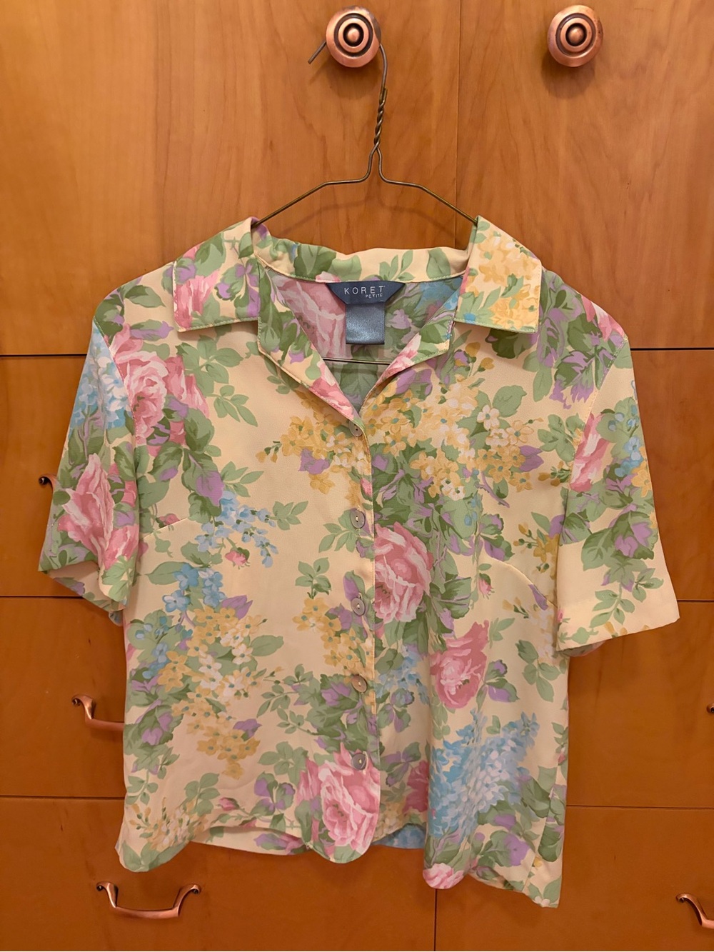 Vintage Yellow Floral Button-Down Shirt with Pink & Green Accents (petite)